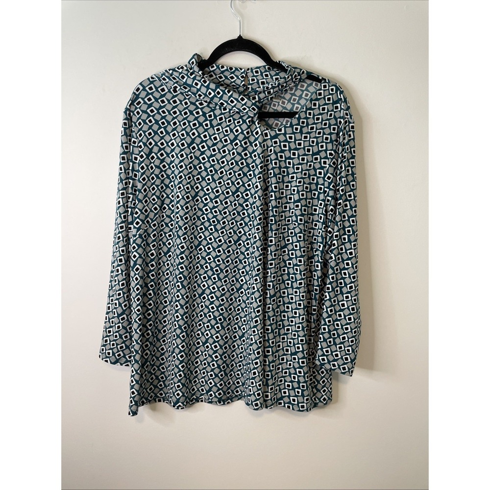 Cato‎ Women's 18/20W Teal Geometric Keyhole Cowl Neck Tunic Top